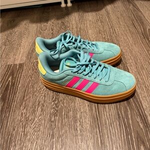 adidas Turquoise Suede Sneakers with Pink Stripes and Yellow Heel